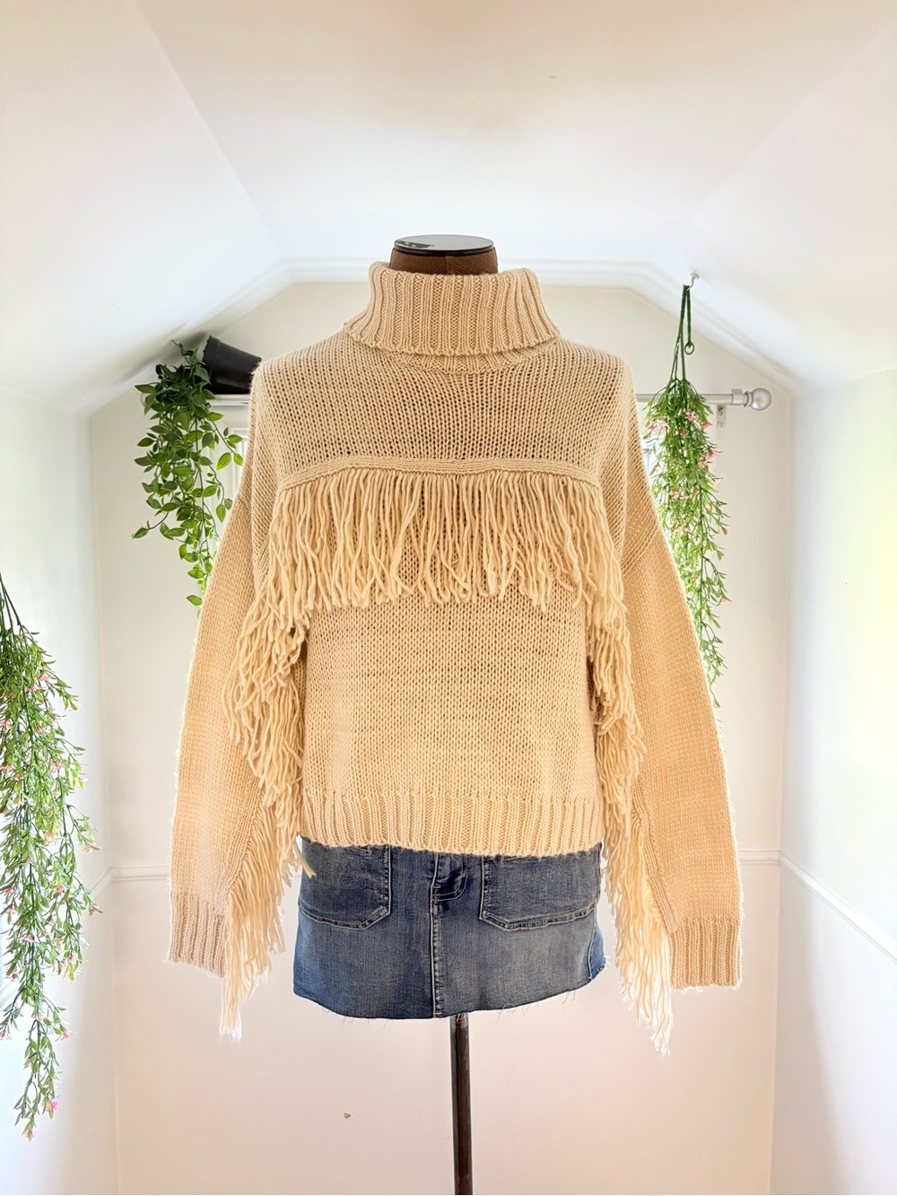 Cream Fringe Turtleneck Sweater - Women's Cozy Knit